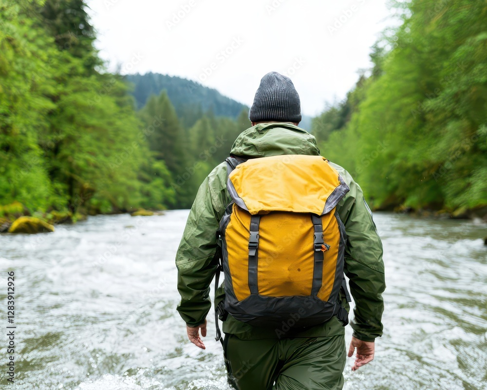 adventure activities hiking thrill. Hiker wading through a fast-moving river in a deep forest, embracing the wild adventure activities hiking thrill. Hiker wading through a fast-moving river in a deep forest, embracing the wild