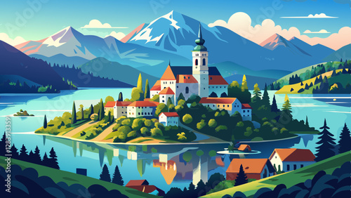 Bled, Slovenia - Aerial view of beautiful Lake Bled (Blejsko Jezero) with the Pilgrimage Church of the Assumption of Maria on a small island and Bled Castle and Julian Alps at backgroud at summer 