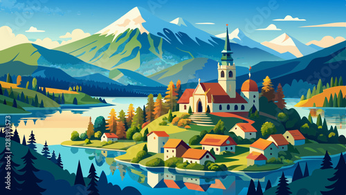 Bled, Slovenia - Aerial view of beautiful Lake Bled (Blejsko Jezero) with the Pilgrimage Church of the Assumption of Maria on a small island and Bled Castle and Julian Alps at backgroud at summer 