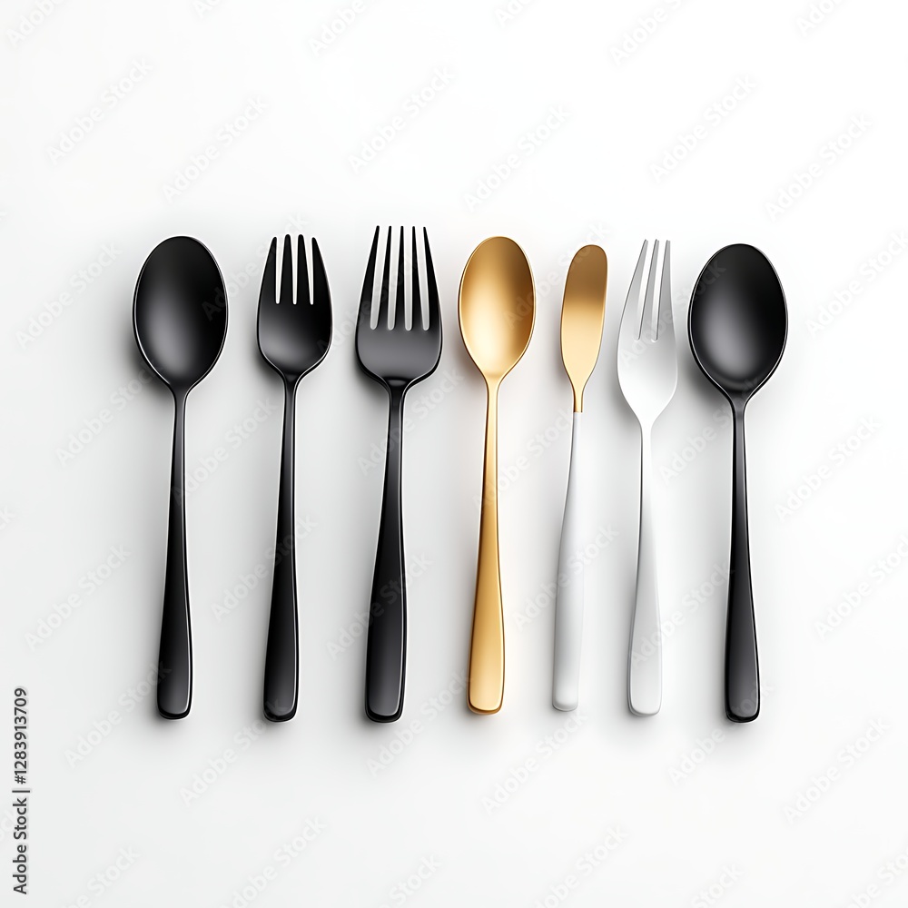 Elegant Display of Black and Gold Silverware on a Clean White Background for Modern Dining Settings Elegant Display of Black and Gold Silverware on a Clean White Background for Modern Dining Settings