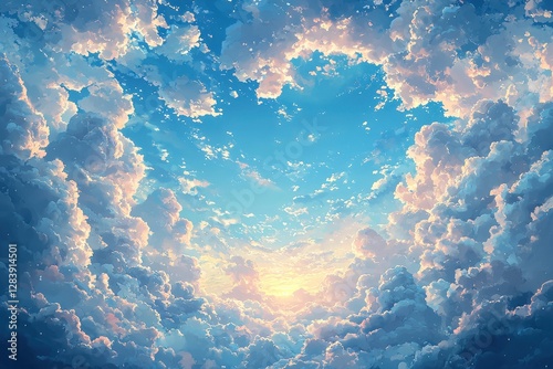 An inspiring view of the sky during sunset, surrounded by soft, cumulus clouds that glow, creating a serene and magical landscape, ideal for contemplation.