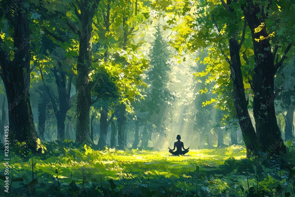 Obraz premium A serene illustration of a person meditating in a sun-drenched forest, promoting mindfulness and tranquility amidst the beauty of nature, enhancing wellness.