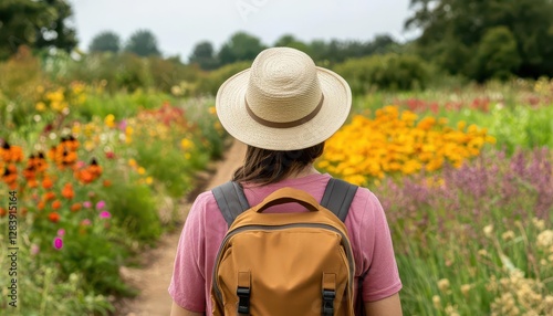 eco-tourism wildlife awareness. Local conservationists educating visitors about protecting pollinators in an organic farm tour