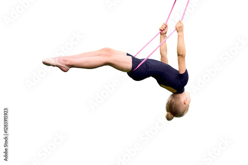 a little 5-year-old gymnast in a black minimalist jumpsuit swings on a gymnastic rope png, isolated,