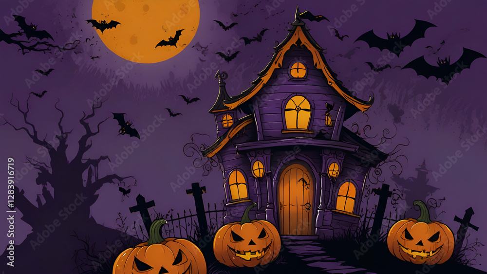 Fototapeta premium Happy Halloween Banner Card Design Scary Spooky Eerie Vibes with Haunted Elements and Creepy Aesthetics