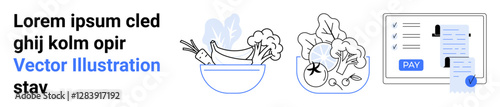 Bowls of fresh vegetables, fruits, and cooking ingredients alongside an online payment checklist interface. Ideal for healthy eating, online grocery shopping, meal planning, wellness, ecommerce