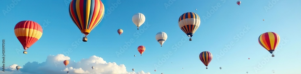 Brightly colored hot air balloons fill the clear blue sky with their shapes, colored, bright, hot air balloons Brightly colored hot air balloons fill the clear blue sky with their shapes, colored, bright, hot air balloons