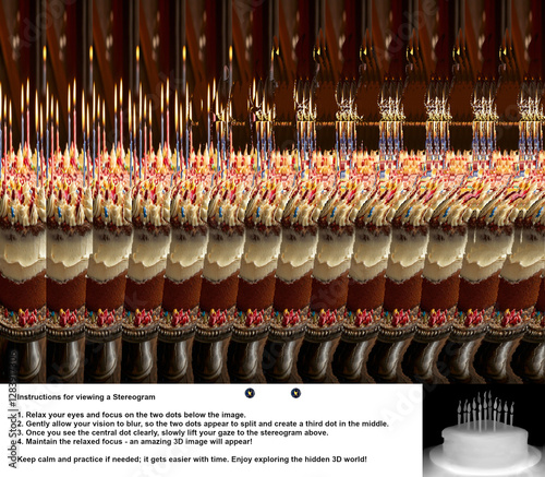 Optical illusion with hidden 3D shape of with cake, stereogram Birthday card with instruction