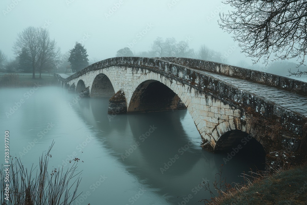 Fototapeta premium Ethereal view of an ancient stone bridge disappearing into the misty landscape, blending history with the mystery of nature in a tranquil setting.