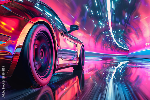 Sports car driving through a tunnel with bright lights