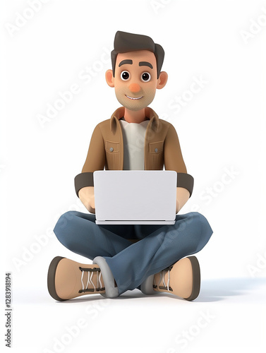 3D illustration of a man with a laptop on white background