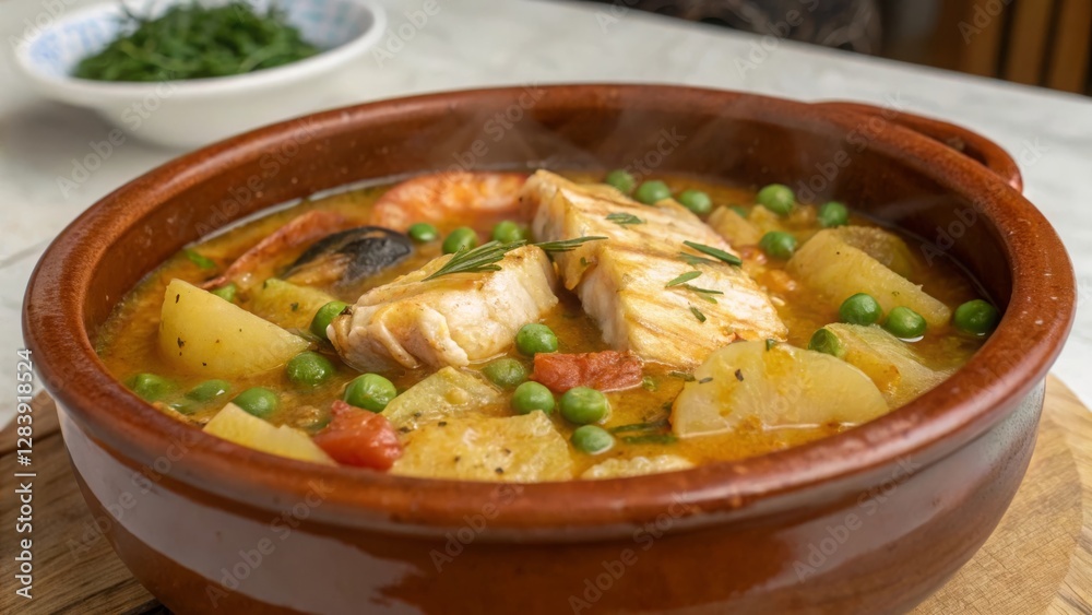 Savoring suquet de peix a catalan seafood stew experience in a traditional clay bowl Savoring suquet de peix a catalan seafood stew experience in a traditional clay bowl