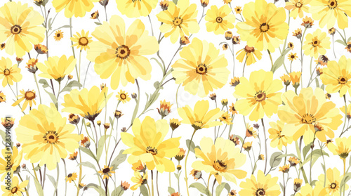 Seamless pattern with yellow flowers painted in watercolor style on a white background, elegant floral design