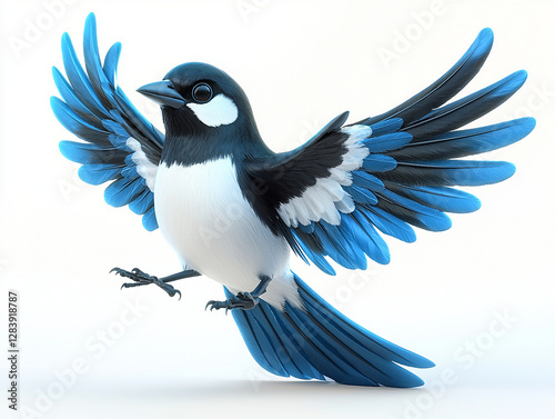 Cartoon blue bird with big eyes flying with open wings
