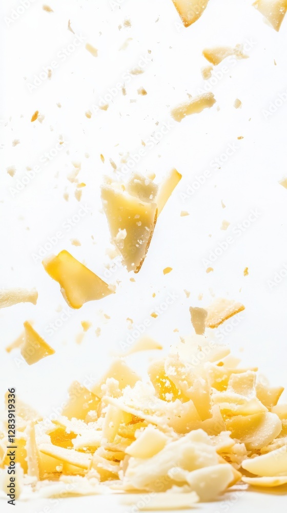 Obraz premium parmesan cheese chip breaking mid-air with golden flakes scattering, crispy cheese chips on white ceramic plate with delicate parmesan shavings, bright high-key background