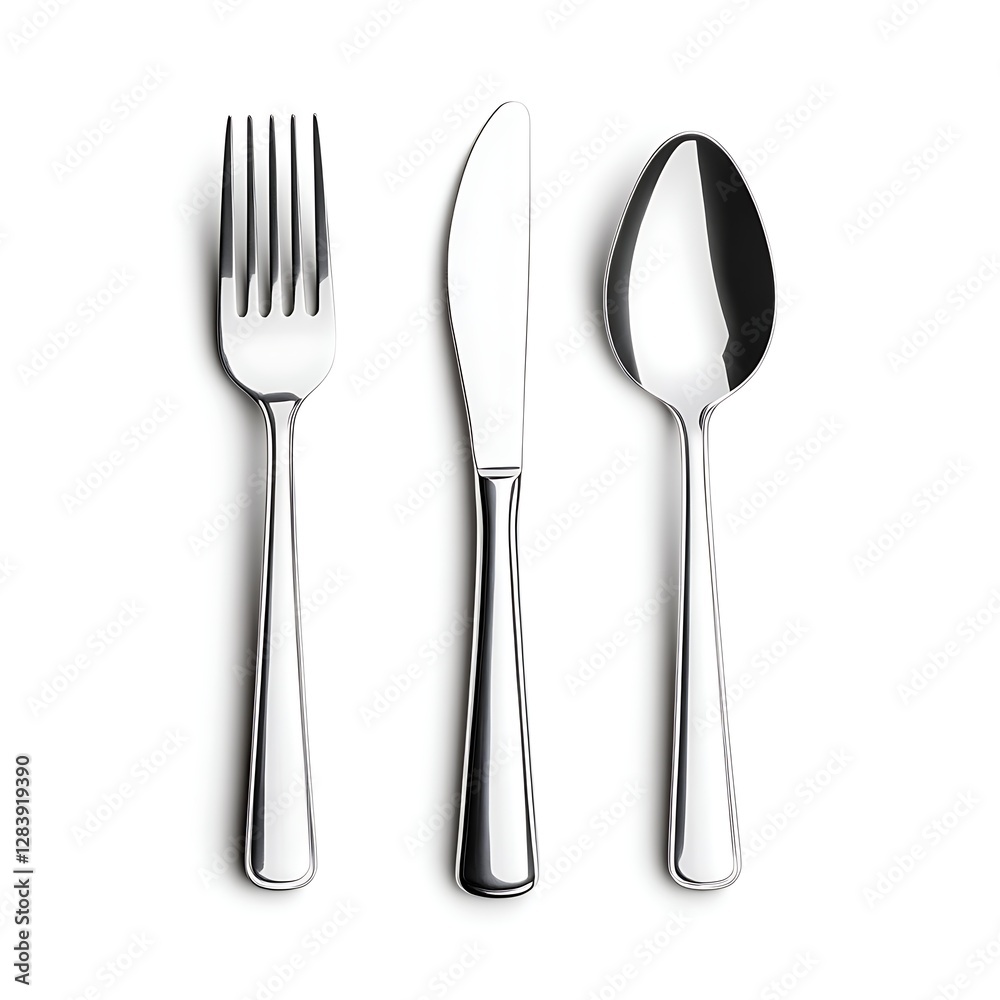Silver Cutlery Set Including Fork, Knife, and Spoon on White Background for Dining and Table Setting Silver Cutlery Set Including Fork, Knife, and Spoon on White Background for Dining and Table Setting