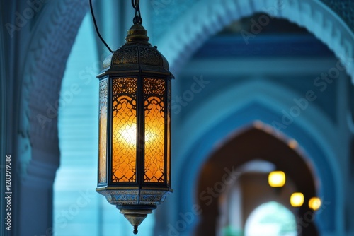 An ornate hanging lantern illuminated inside a building with arches