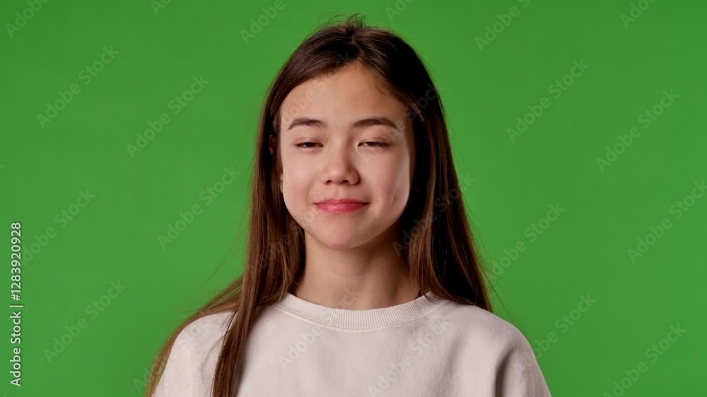 Asian girl child posing at camera with confused clueless face, shrugs and holds hands up, positive expression, isolated on chroma key green screen background mockup. Asian girl child posing at camera with confused clueless face, shrugs and holds hands up, positive expression, isolated on chroma key green screen background mockup.