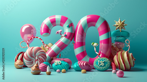 3D Number 20 Surrounded by Cakes and Sweets in a Festive Setting