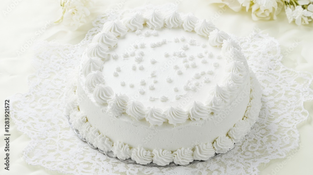 A Stunning White Cake with Exquisite Cream Frosting Decor A Stunning White Cake with Exquisite Cream Frosting Decor