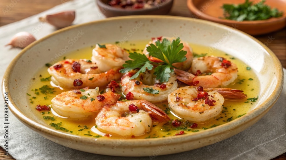 Sizzling gambas al ajillo garlic shrimp delight in olive oil with red chili flakes spanish tapas experience Sizzling gambas al ajillo garlic shrimp delight in olive oil with red chili flakes spanish tapas experience