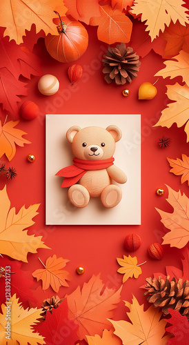 3D Paper-Cut Invitation with Teddy Bear and Autumn Theme