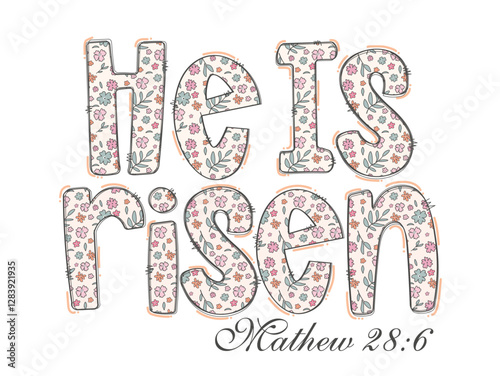 Retro easter quote, he is risen with retro floral pattern background