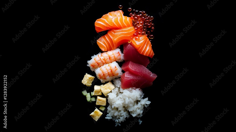 Naklejka premium A black background highlights the colorful ingredients of a traditional Japanese dish: sushi, sashimi, uramaki, and nigiri. The dish consists of rice, salmon, tuna, shrimp, and fish eggs.
