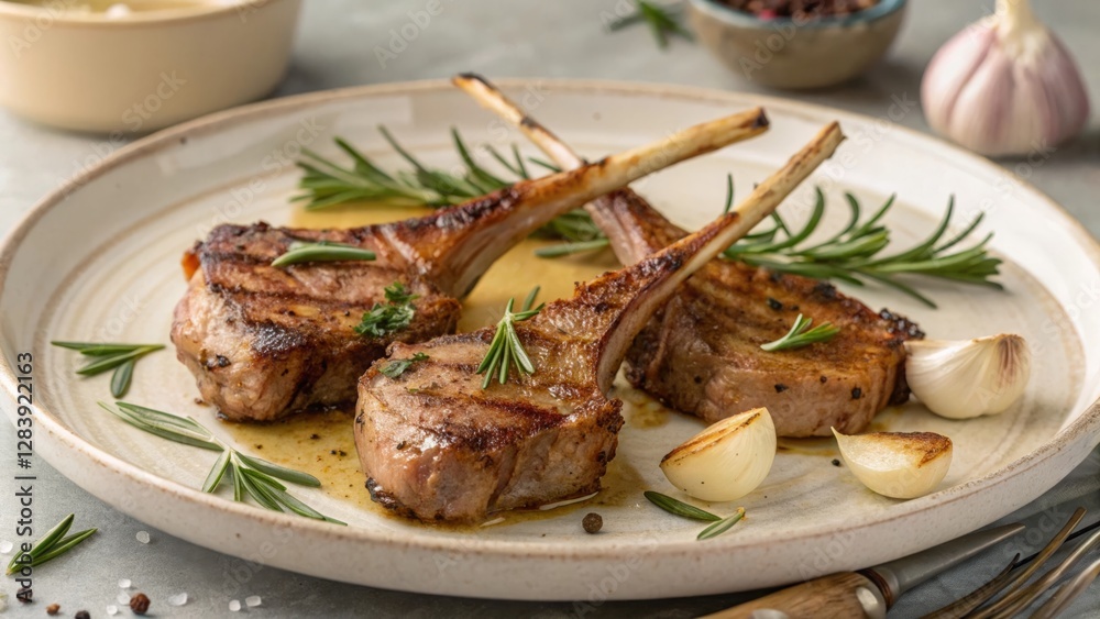 Grilling spanish-style lamb chops in a rustic kitchen delicious chuletas de cordero garnished with rosemary and garlic Grilling spanish-style lamb chops in a rustic kitchen delicious chuletas de cordero garnished with rosemary and garlic