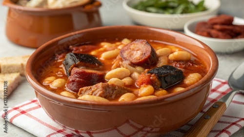 Savoring fabada asturiana a traditional spanish bean stew recipe with chorizo and pork culinary delight in spain photo