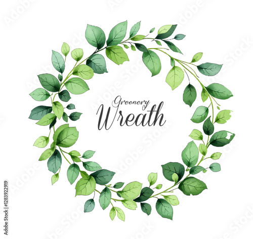 Watercolor green leaves wreath leaf boarder simple leafy hand painted isolated on white background frame wedding baby shower invitation cards save the date .	