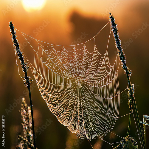 Ragnatela all'alba con gocce di rugiada photo
