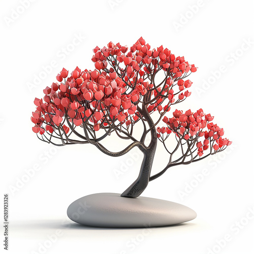 3D Asian-Style Bonsai Tree on a Rock with White Background