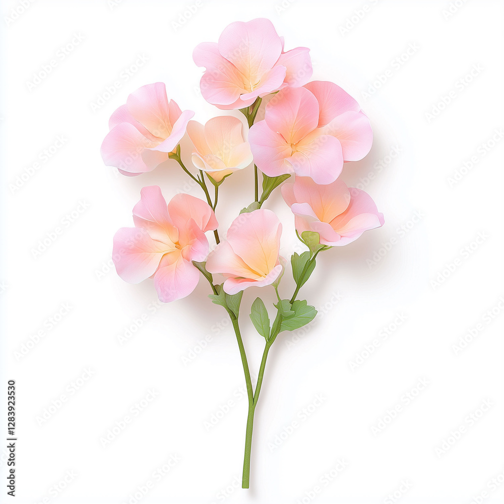 Obraz premium A delicate 3D botanical illustration of soft pink flowers,thin,curved green stems,lush leaves.elegant,minimalistic,perfect for wedding invitations,botanical prints,floral-themed artwork.