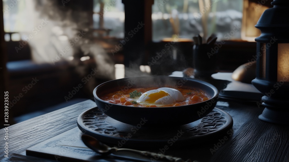 Aromatic Soup with Poached Egg in a Dark Bowl - Cozy Restaurant Scene Aromatic Soup with Poached Egg in a Dark Bowl - Cozy Restaurant Scene
