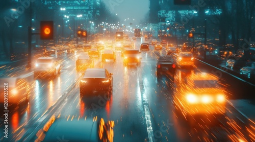 Nighttime city traffic with cars and bright lights on wet street