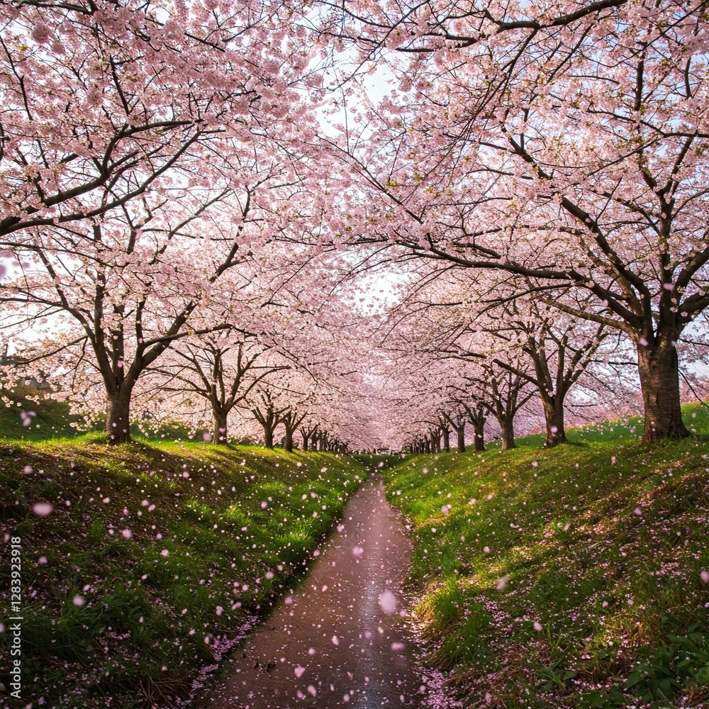 Cherry Blossom Pathway with Falling Petals Cherry Blossom Pathway with Falling Petals