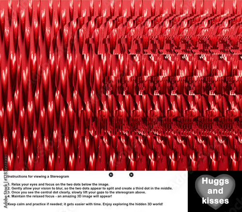 Optical illusion stereogram with hidden 3D shape of a heart. On top of the heart shape is placed text 'Huggs and kisses' with instruction