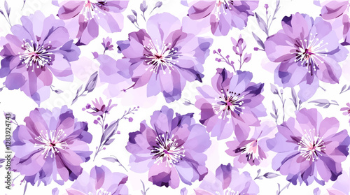Violet watercolor flowers seamless pattern transparent background