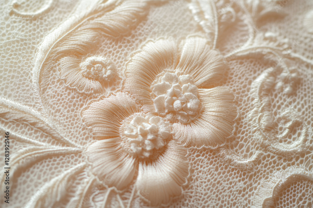 Close-up of delicate, peach-colored embroidered lace fabric with floral motifs. Close-up of delicate, peach-colored embroidered lace fabric with floral motifs.
