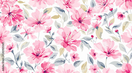 Pink watercolor flowers seamless pattern transparent background	