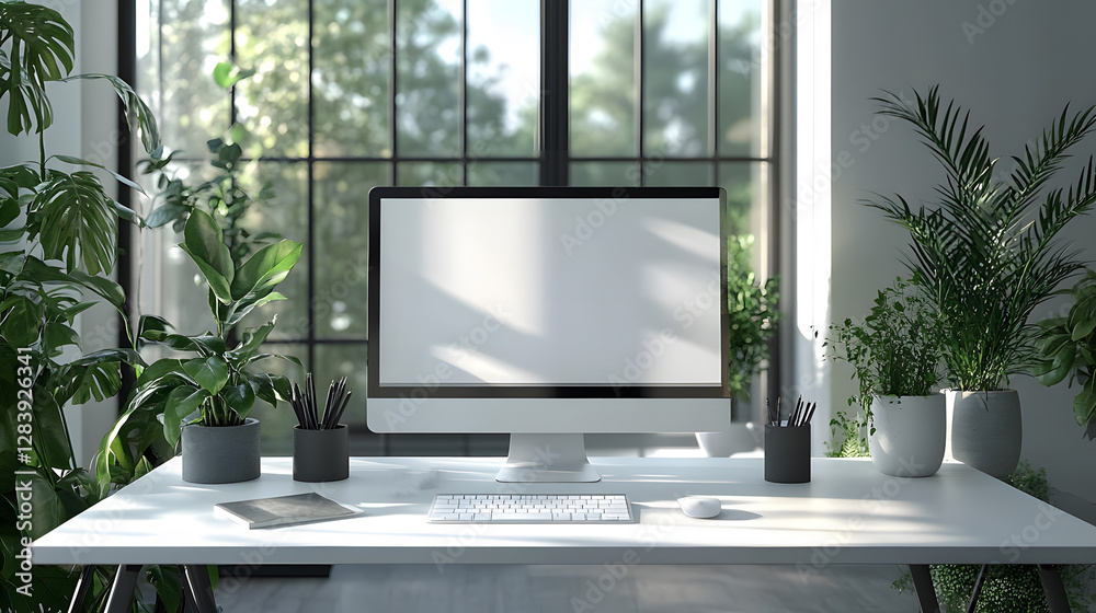Fototapeta premium Monochrome workspace with a stylish white desk, minimal accessories, clean organization, high-end professional look, high resolution