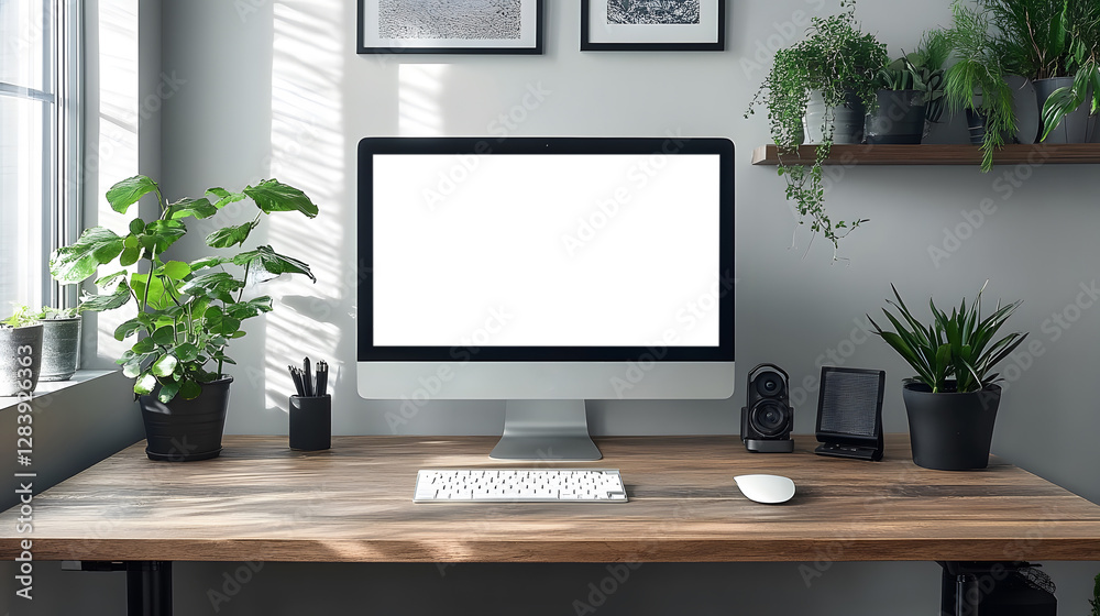 Clean and simple desk setup with a focus on minimalism, monochrome decor, warm wood accents, contemporary setting, high resolution Clean and simple desk setup with a focus on minimalism, monochrome decor, warm wood accents, contemporary setting, high resolution