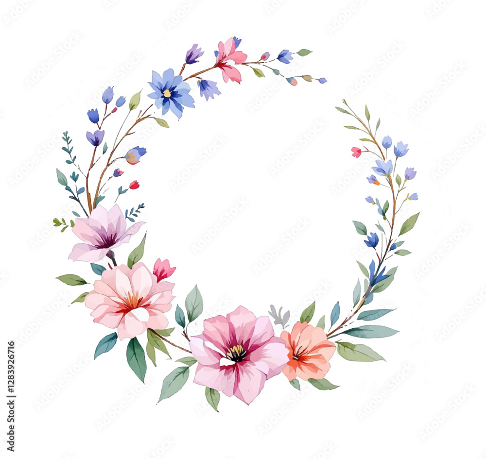 Fototapeta premium Watercolor Floral Wreath, Wreath Clipart Watercolor, Pastel Pink Flowers Wedding Clipart Wild Floral Clipart 