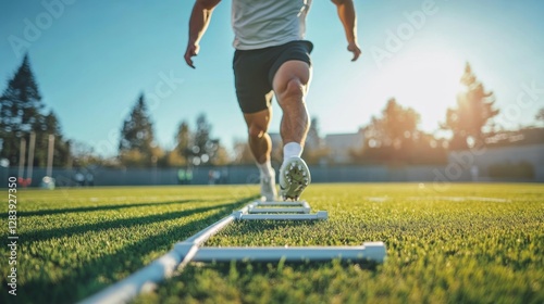 A quarterback training with an agility ladder on a football field. Featuring quickness and coordination