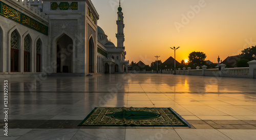 Empty prayer mat in a mosque awaiting worshippers for Fajr prayer dawn in Indonesia serene morning light Islamic worship preparation
