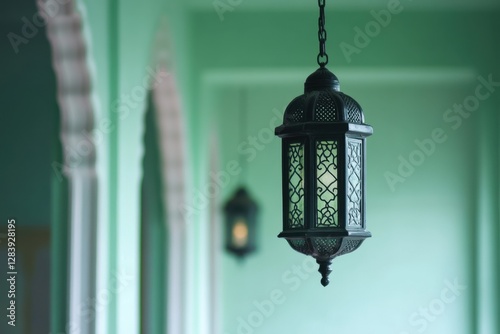 An elegant black lantern hangs inside a green colored building
