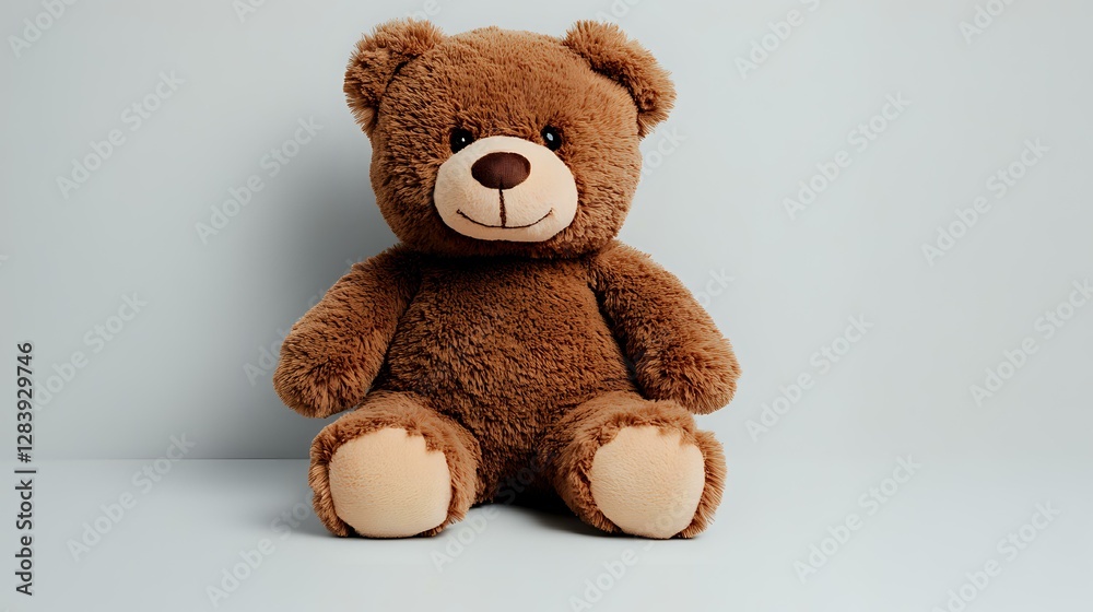 Obraz premium Brown plush teddy bear with beige paws sitting against light background, soft fluffy stuffed animal toy for children and holiday gifts.