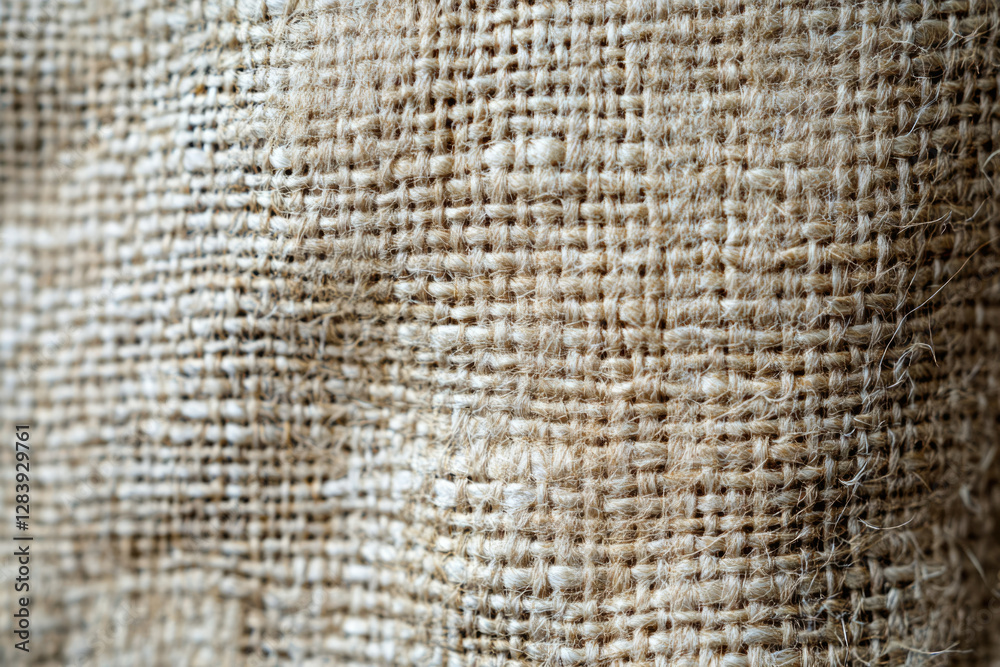 Close-up of burlap texture, showcasing its coarse, woven fibers and natural beige color.