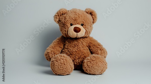 Fluffy brown teddy bear sitting against light background, soft plush toy with friendly expression and classic design for childhood, nursery and gift concepts.